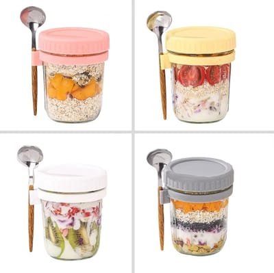 Dutchers.® Overnight Oats Potjes - Glas - Pastelkleur - Inclusief RVS Lepel - 350ML - Set van 4 - Mason Jar - Overnight Oats Glas - Muesli Beker - Beker To Go - Milieuvriendelijk - Sterk Sluitsysteem - Ontbijt & Lunch - Overnight Oats Beker