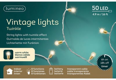 Lumineo - vintage light twinkel - 50 led-4,9m - warm wit - transparant