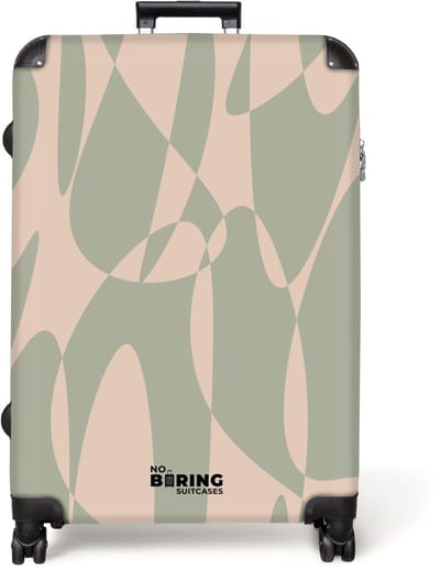NoBoringSuitcases.com® - Koffer groot - Reiskoffer lichtgewicht - Beige met groene abstracte vormen - Rolkoffer met 4 wielen - Grote trolley XL - 98 liter bagage