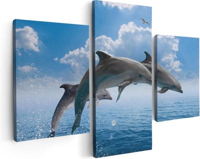 Artaza Canvas Schilderij Drieluik Dolfijnen Springen uit de Blauwe Zee - 90x60 - Foto Op Canvas - Canvas Print