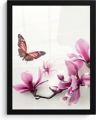 Poster in lijst - Fotolijst 30x40 cm - Posters - Bloesem - Vlinder - Roze - Natuur - Wit - Posterlijst zwart - Wanddecoratie badkamer - Muurdecoratie WC - Decoratieve accessoires - Toilet muur decoratie
