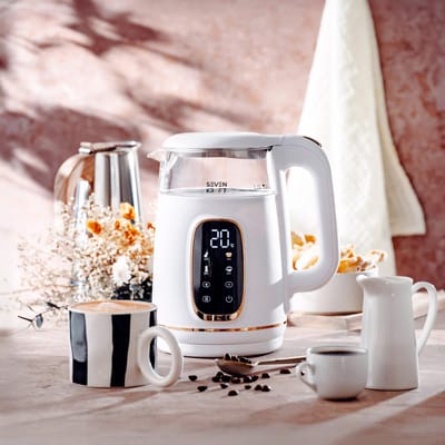 SEVENKRAFT Design Waterkoker wit 1,7L - Instelbare Temperatuur (40-100°C) - Waterkoker Retro - Witte waterkoker met temperatuurregeling- Glas - 2200W