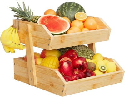 Bamboe fruitmand - Groentehouder - Aanrecht organiseren - Met bananenhaken - 315 x 315 x 25 cm - Natuurlijk