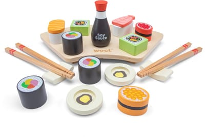 Woet® Houten Sushi Speelset - 21-delig Japans Rollenspel Speelgoed - Inclusief Stokjes, Sojasaus en Serveerplank - Speelgoedeten - Educatief Keukenspeelgoed - Vanaf 3 Jaar