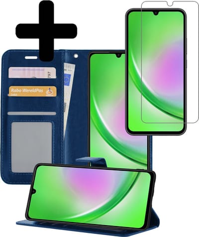 Hoesje - Met Screenprotector - Geschikt voor Samsung Galaxy A34 - Luxe Pasjeshouder - Bookcase Portemonee - Flip Case - Kunstleer Book Case - Flipcase - Book Cover - Walletcase - Portemonneehoes - Telefoonhoesjes - Donkerblauw