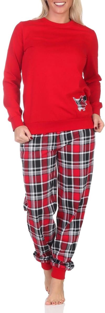 Damespyjama met boorden met geruite broek en schattig dierenmotief - ook in overmaten