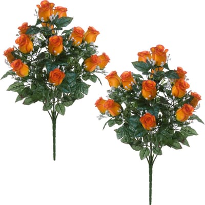 Louis Maes Kunstbloemen boeket rozen/gipskruid - 2x - oranje - H56 cm - Bloemstuk - Bladgroen