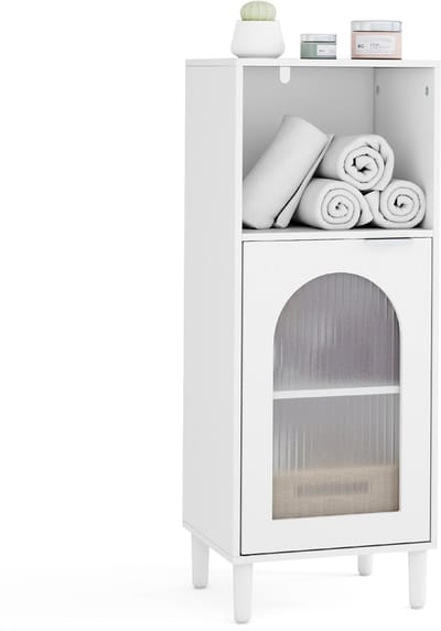 COSTWAY Badkamerkast, smalle badkamerkast met open vak en glazen deur, houten badkamercommode met verstelbare plank, moderne opbergkast voor badkamer, woonkamer, keuken, 35 x 30 x 90 cm