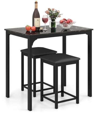 Delightness Bartafelset - Met 2 Barstoelen - Bar Tafel - Keuken Tafel - Meubelset - Krukken - 90x60x83cm - Marmer - Zwart