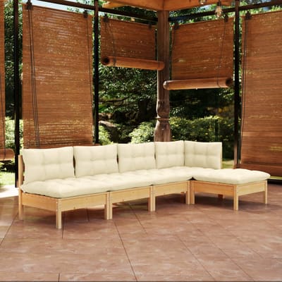 vidaXL - 5-delige - Loungeset - met - crèmekleurige - kussens - grenenhout