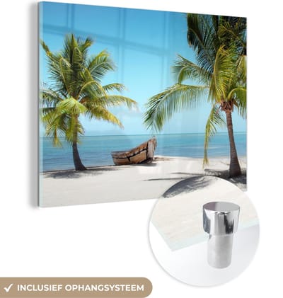 MuchoWow® Glasschilderij 120x90 cm - Schilderij acrylglas - Palmboom - Boot - Strand - Foto op glas - Schilderijen