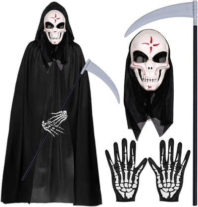 Vampier Kostuum met 140 cm Cape en Kap, Halloween Gezichtsmasker, Skelet Handschoenen en Doodenscythe voor Spookachtige Feestdecoratie