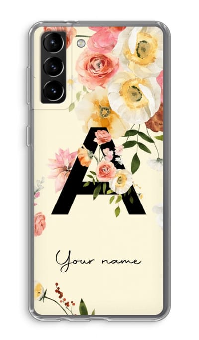 Gepersonaliseerd - Case Company® - Hoesje geschikt voor Samsung Galaxy S21 Plus hoesje - Flirty Flowers Monogram - Soft Cover Telefoonhoesje - Bescherming aan alle Kanten en Schermrand