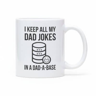 Dad Joke Mok 330ml – “I Keep All My Dad Jokes in a Dad-A-Base” – Grappig Cadeau voor Vaders, Programmeurs & Humor Fans