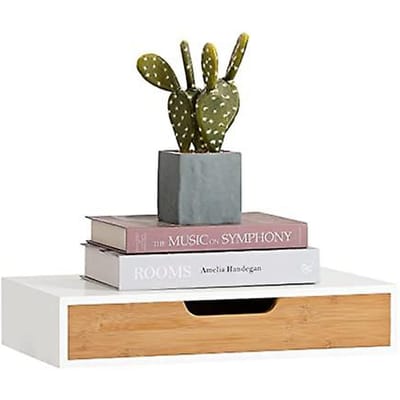 SoBuy Zwevende Plank - Wandplank - Bamboe - Wit - B40xL24.5xH8cm