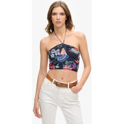 Superdry Kort Geweven Topje met Uitsnijdingen Donkerblauw Grootte: 40