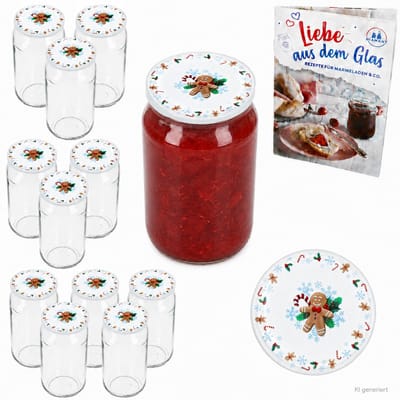 12-delige set ronde glazen 720 ml tot 82 Candyman deksels incl. Diamant Gelierzauber receptenboekje