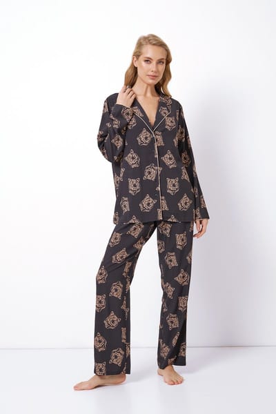 Dames pyjama set Taya-tijgerprint-oversized top met lange mouwen-losse broek-zwart-maat S