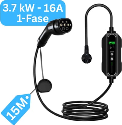 Mobiele Thuislader type 2 vanaf stopcontact - 15 meter - 3,7 kW - IP67 Waterdicht - 6A/8A/10A/13A/16A - 1 Fase - TPU kabel - Uitgesteld laden functie / Timer functie / Memory functie | 2 Jaar Garantie | Mobiele lader type 2 naar schuko