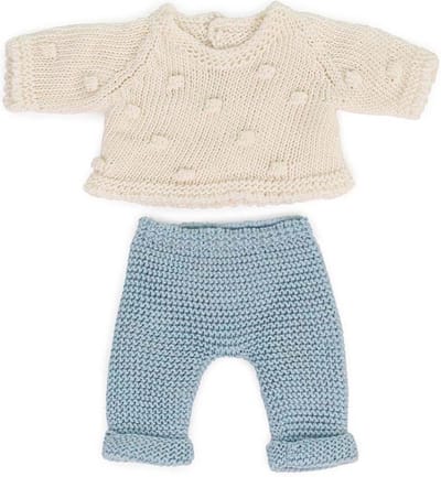 ML Poppen: KLEDIJ SET GEBREID blauw/wit voor pop 21cm, eco en gerecycleerd,  2-delig, trui en broek, op kleerhanger, 3+