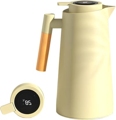 Thermoskan 1 Liter met Temperatuurweergave, Goed Afgesloten Koffiepot en Theepot met Houten Handvat, Ideaal voor Water, Koffie, Thee en Melk