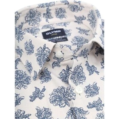 OLYMP 24/7 Luxor modern fit overhemd - popeline - offwhite met blauw bloemen dessin - Strijkvriendelijk - Boordmaat: 38 (EU maat: S)