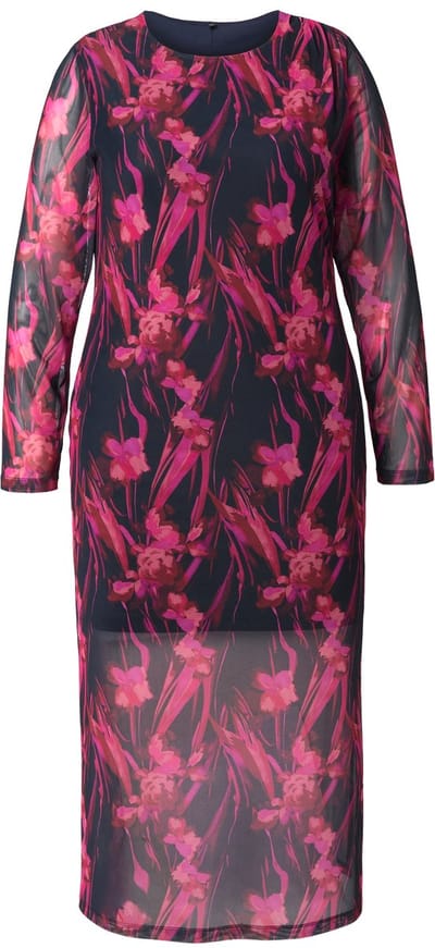 Ulla Popken - Dames - Maxi-jurk van mesh plooitjes ronde hals lange mouwen - Marine - Maat 48
