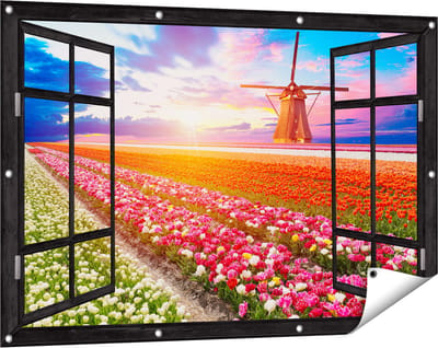 Gards Tuinposter Doorkijk Kleurrijke Bloemenveld met een Windmolen - 120x80 cm - Tuindoek - Tuindecoratie - Wanddecoratie buiten - Tuinschilderij