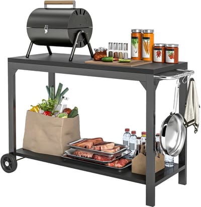 MakkelijkMooi Mobiele BBQ Trolley Zwart - Serveerwagen - Groot Werkblad - Inclusief 3 Handige Haken - 2 Grote Zwenkwielen
