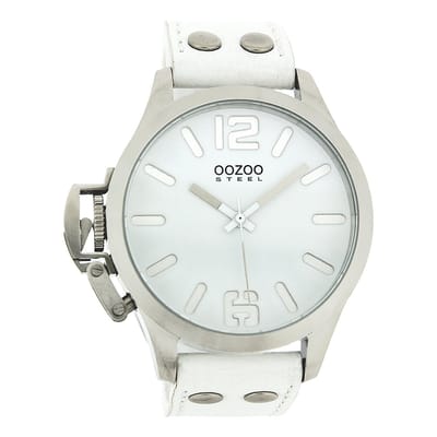 OOZOO Timepieces - Zilverkleurige horloge met witte leren band - OS050