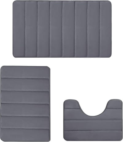 Famanu – 3 - Delige Badmatten Set - Visco - elastische Antislip Matten - Sneldrogend en Wasbaar - Zachte en Absorberende Badkamermatten - Donkergrijs