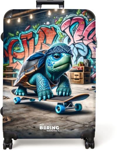 NoBoringSuitcases.com® - Koffer groot - Reiskoffer lichtgewicht - Groenblauwe schildpad op skateboard - Rolkoffer met 4 wielen - Grote trolley XL - 98 liter bagage