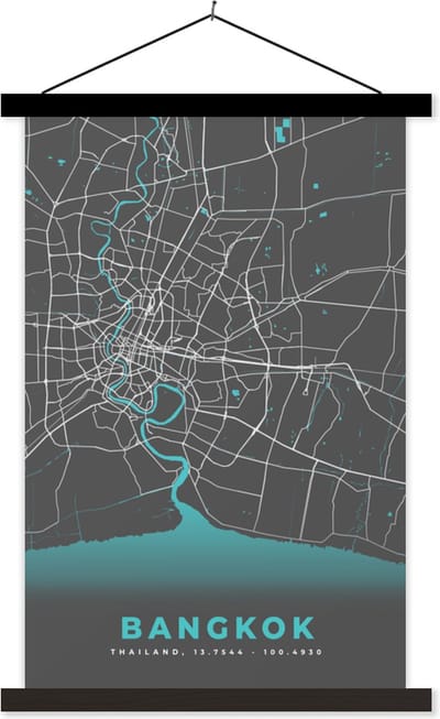 Posterhanger incl. Poster 40x60 cm - Schoolplaat - Bangkok - Blauw - Kaart - Plattegrond - Stadskaart - Textielposter - Zwarte latten - Stadskaart