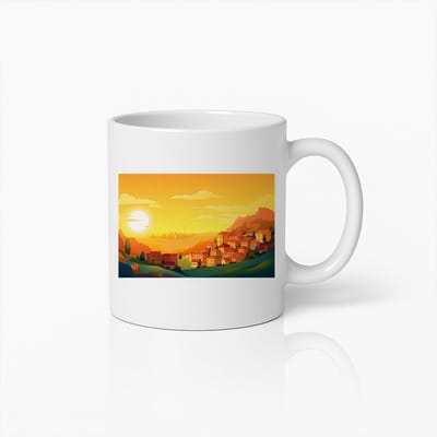 Zonsondergang Dorp Beker – Prachtig Mediterraan Landschap Ontwerp voor Reisliefhebbers & Natuurliefhebbers – 330ml Keramische Mok