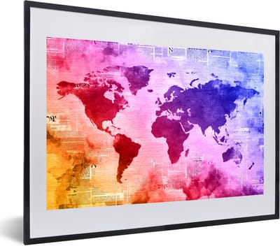 Poster in lijst - Fotolijst 60x40 cm - Posters - Wereldkaart - Waterverf - Regenboog - Posterlijst zwart - Decoratie - Wanddecoratie woonkamer - Muurdecoratie slaapkamer