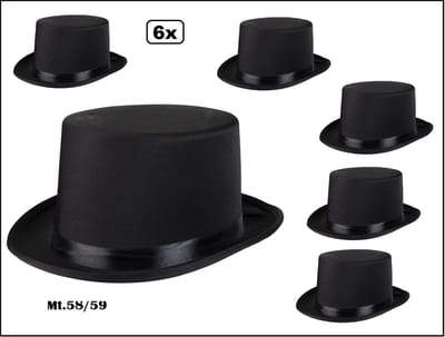 6x Hoge hoed Zwart mt.58/59 - Kids en/of dames - Themafeest festival party fun