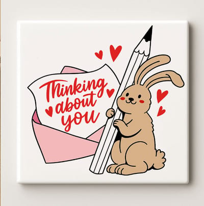 Keramische Liefdestegel 15x15cm – “Thinking About You” Schattig Konijntje & Hart Ontwerp – Lief Cadeau voor Valentijn of Geliefden