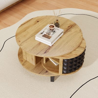 Wishdor Draaibare Salontafel met Verborgen 360° Opbergruimte, Dubbelblad Salontafel in Natuurlijk Spaanplaat, Modern Design