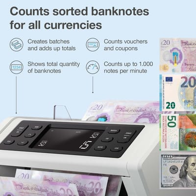 Geldtelmachine Bankbiljetten - Telmachine Biljetten - Snel Geld Tellen - 3-Punts Detectie - 1000 Biljetten/Min - Lichtgrijs