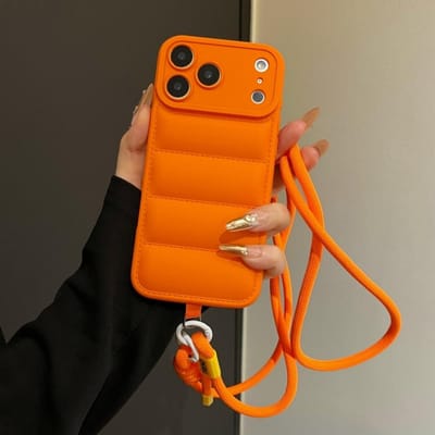 Donsjack Lanyard Crossbody Hoesje voor Voor Iphone 17 16 1 Pro Max 14 Plus 13 12 11 Air X Xr Xs Lange Riem Effen Kleur Hoesje iPhone 15 orange
