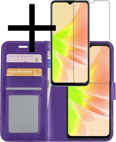 Hoesje - Met Screenprotector - Geschikt voor OPPO A57 - Luxe Pasjeshouder - Bookcase Portemonee - Flip Case - Kunstleer Book Case - Flipcase - Book Cover - Walletcase - Portemonneehoes - Paars