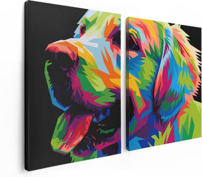 Artaza Canvas Schilderij Tweeluik Kleurrijke Hond - Abstract - 120x80 cm - Wanddecoratie Woonkamer - Schilderijen - Muurdecoratie