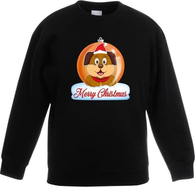 Bellatio Decorations Kersttrui sweater - voor kinderen - Merry Christmas hond kerstbal - zwart - Kerstkleding 98/104