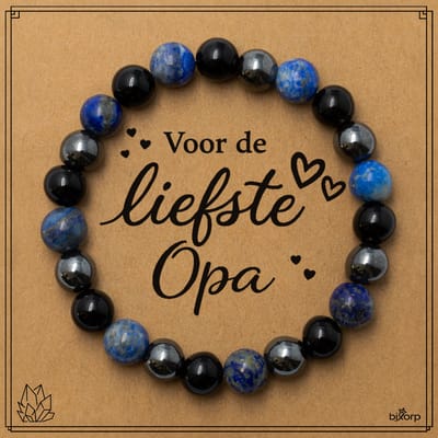 Bixorp Lapis Lazuli + Onyx + Hematiet Armband op Cadeau Kaartje - Voor de Liefste Opa - 8mm / 18cm Edelsteen Kralenarmband - Inclusief Cadeau Envelop