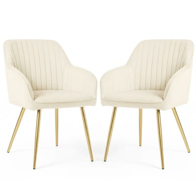 Set van 2 Eetkamerstoelen FLORENCE met Armleuningen / Gestoffeerde Stoelen / Fluwelen Stoelen en Metalen Poten / Crème kleur met gouden benen
