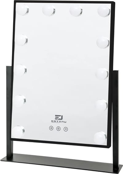 Dimbare Hollywood make-upspiegel - zwarte tafelspiegel met 12 leds - 360 graden draaibaar - touch-bediening - 30 x 40 cm