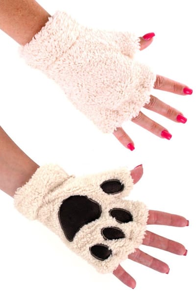 KIMU® Dierenpoot Vingerloze Handschoenen Beige Wit Pluche - Vingerloos Schaap IJsbeer Pootjes - Hondenpootjes Beer Witte Dierenpootjes Fleece Festival