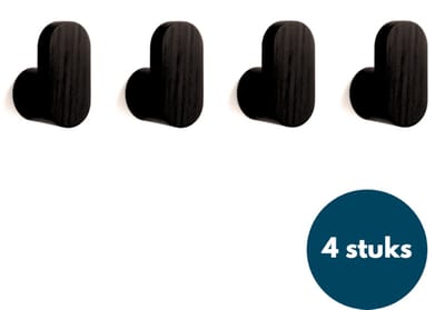 Houten Kapstokhaken - Kledinghaken - Ophanghaken - Handdoekhaken - Jashaken - 4 Stuks - Zwart