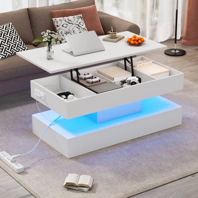 MODENUIT Salontafel - Hefbaar Blad Met LED En Opbergruimte - Voor Woonkamer - Spaanplaat Wit - 100x50x42 Cm