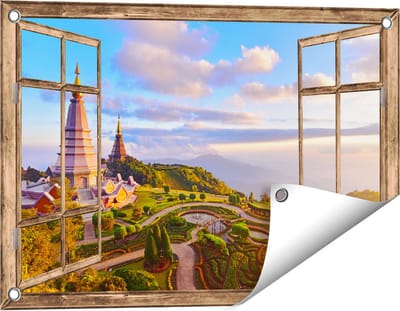 Gards Tuinposter Doorkijk Pagode Tempels in de Inthanon Berg in Thailand - 60x40 cm - Tuindoek - Tuindecoratie - Wanddecoratie buiten - Tuinschilderij